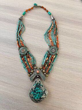 Vintage Tibetan Boho Tribal Turquoise Coral Multi-Strand Statement Necklace